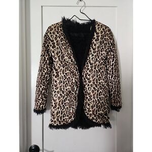 Y2K Hot & Delicious Leopard Print Open Front Cardigan Jacket with Black Fringe S